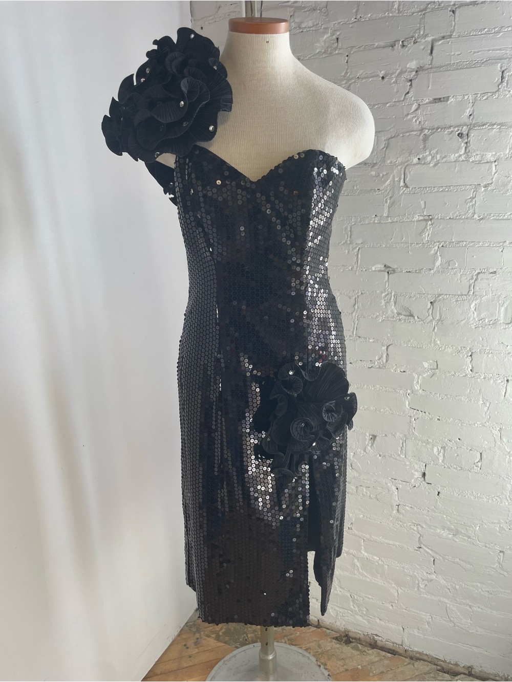 1980s Black Sequin One-Shoulder Floral Applique Dress